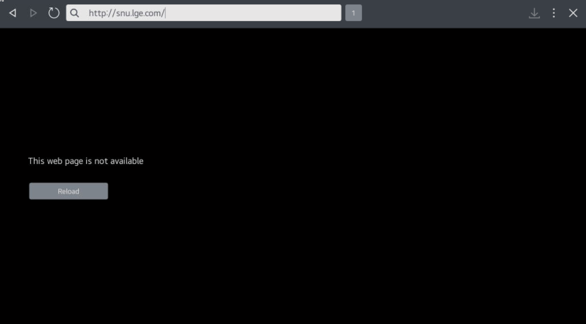 TV browser showing that the snu.lge.com page is unavailable